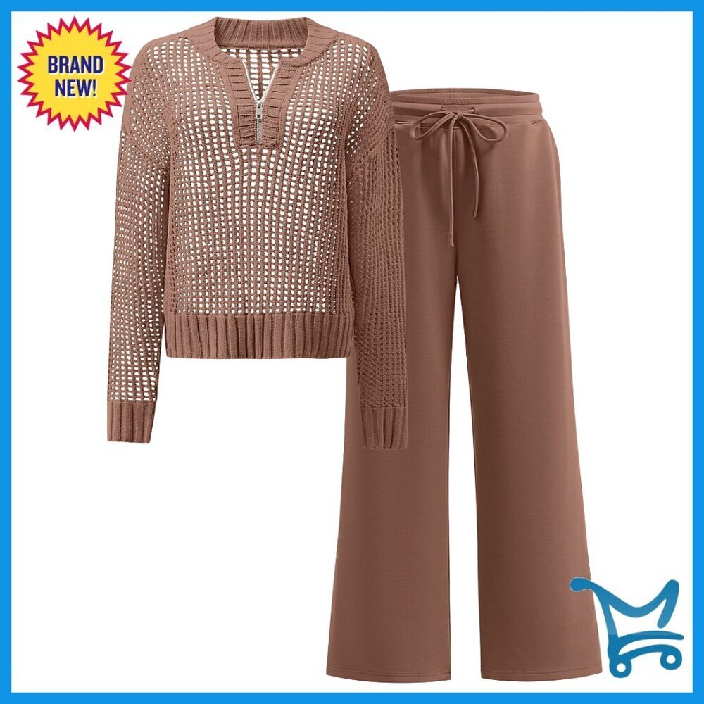 Crochet Knit Half Zip Sweater Top Wide Leg Pant Matching Set Lounge Travel